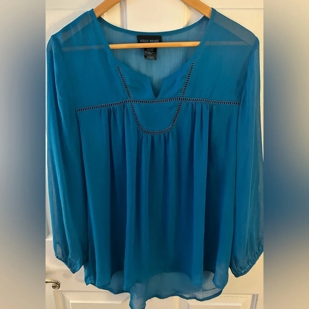 Blue Kelly Renee Sheer Blouse with Front Detailed Embroidery Size Large
